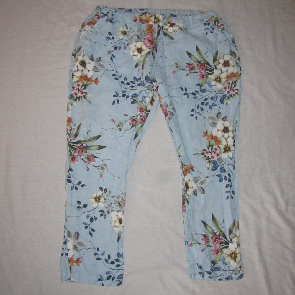 Kaktus Floral Ankle Pants - Light Blue and Multicolor